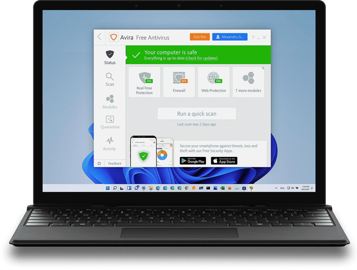 Avira antivirus screen mockup on laptop